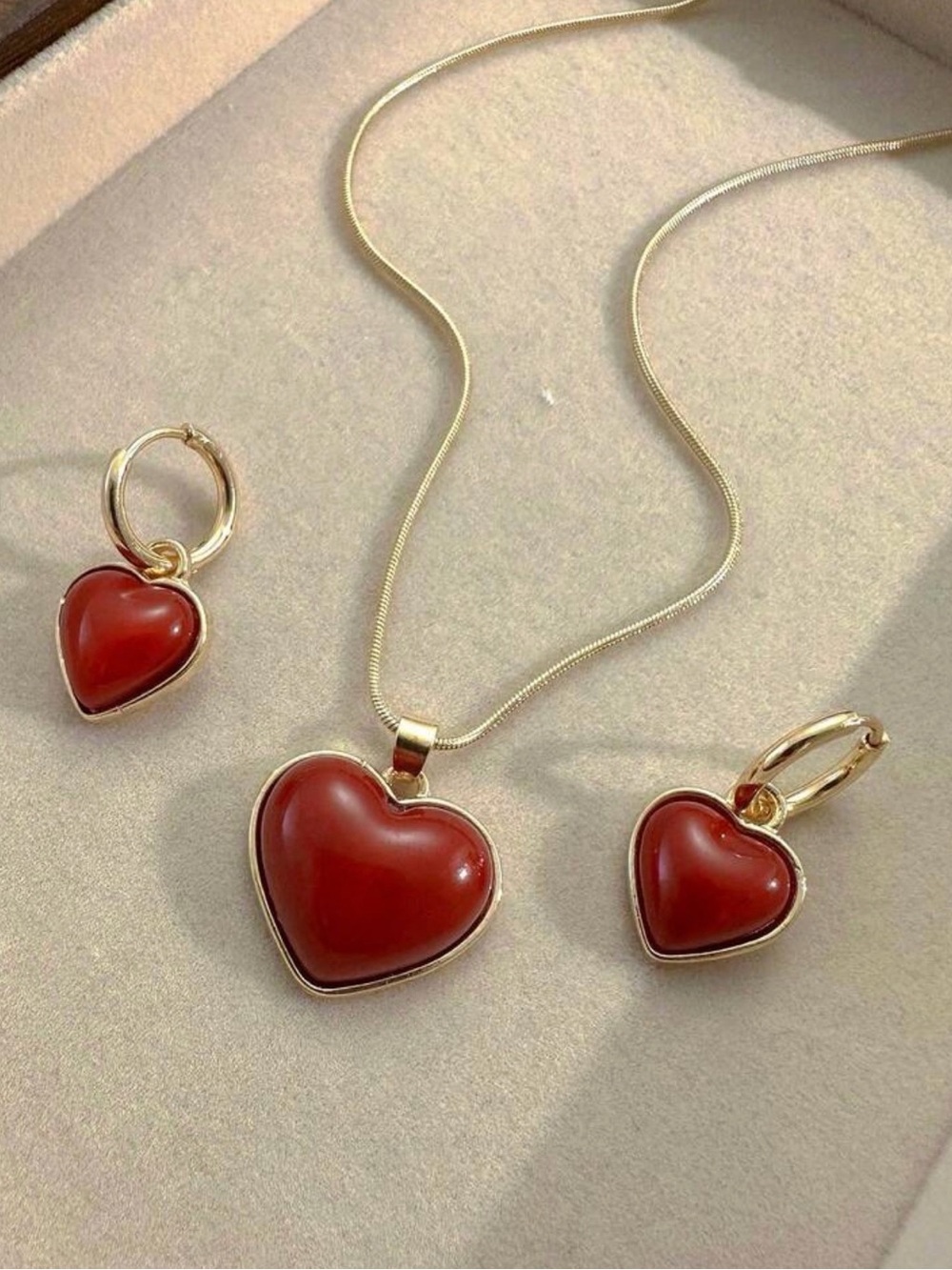 Gold Heart Pendant Necklace and Earrings Set with Red Hearts